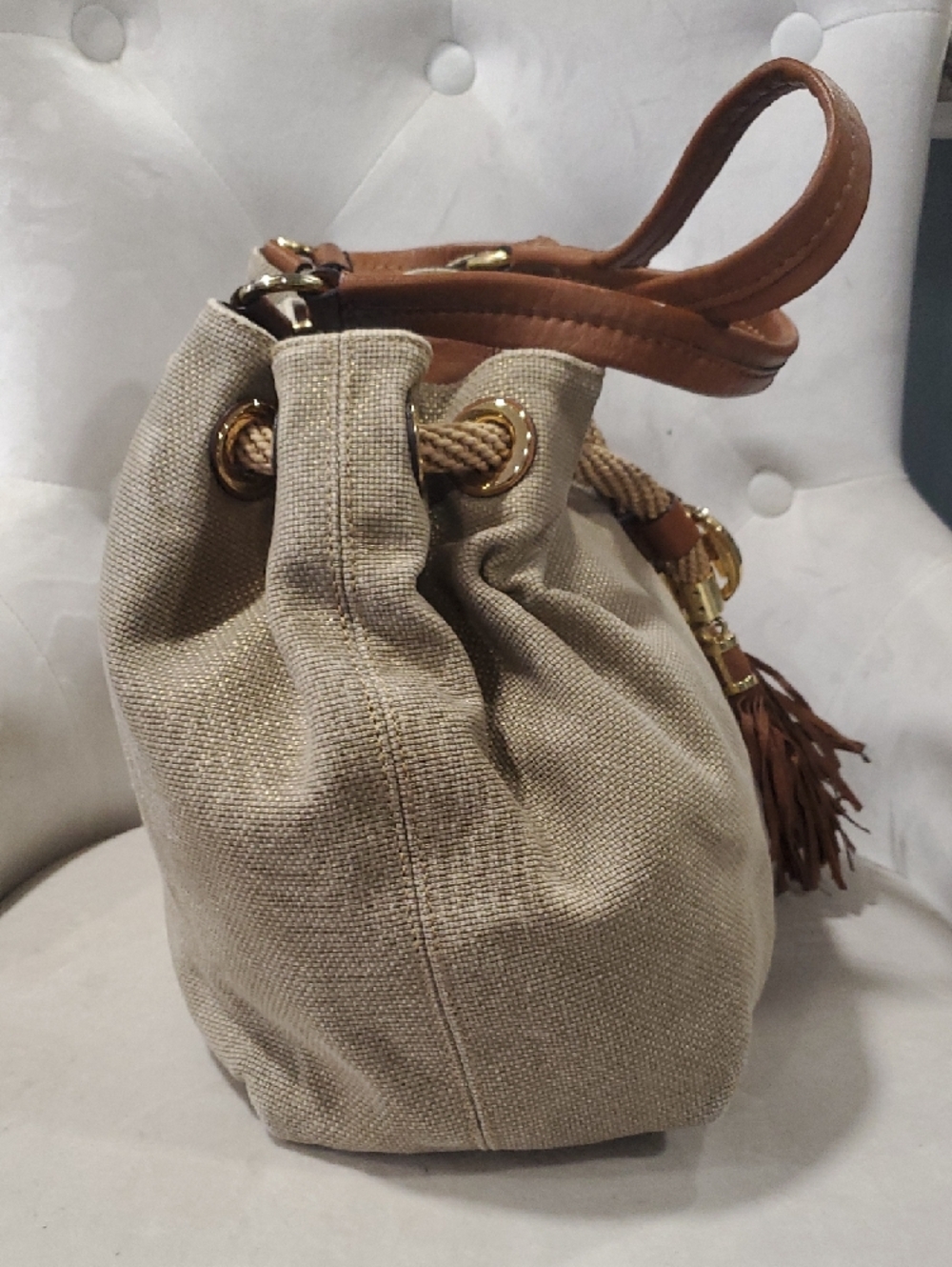 Michael Kors Tan Canvas Drawstring Shoulder Bag with Brown Leather Trim - Picture 3 of 17